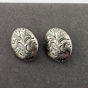 Vintage Sliver Tone Cabochon Clip On Earrings Oval Baroque Victorian Swirl Print